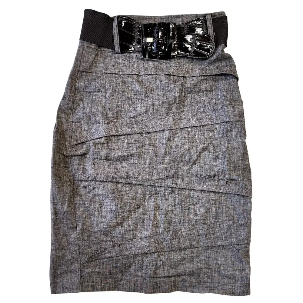 Y2K Womens Pencil Skirt Medium Linen Layered Gray Belted Made in USA 2000s